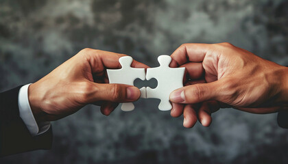 Two hands connect matching puzzle pieces, symbolizing collaboration and teamwork.