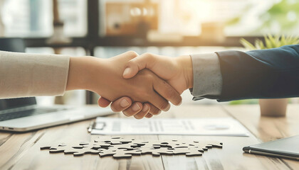 Two business people shaking hands over a desk, sealing a deal.