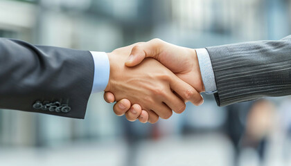 Close-up of a handshake between two business people, symbolizing agreement and partnership.