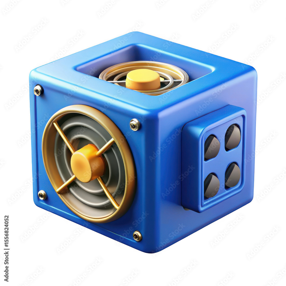 Poster 3d render of a blue cube shaped device with fans isolated on transparent background