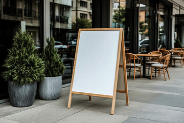 A blank A-frame whiteboard is positioned on a stone patio Two potted evergreen plants flank the sign with a cafe's outdoor seating area visible in the background