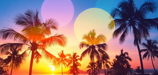 Palm trees silhouette against a vibrant sunset sky with colorful bokeh effect overlaying the scene