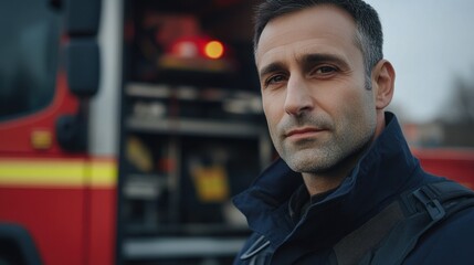 Portrait of a European male firefighter in uniform, exuding confidence and strength. Captured outdoors near a fire truck, he represents courage and dedication in emergency services.