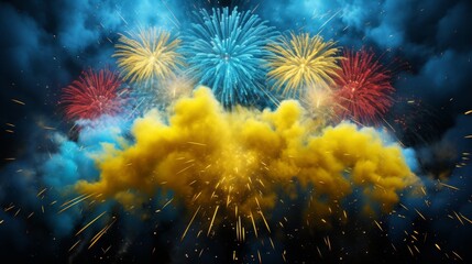 Fototapeta premium Vibrant festive background with colorful confetti, twinkling stars, and explosive firecrackers