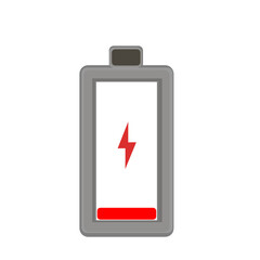 Low battery icon on transparent background. Minimal energy symbol. Simple flat design. Power warning indicator.