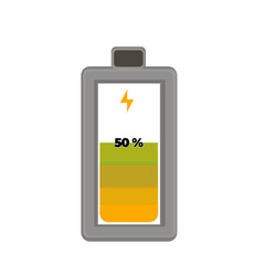 Half battery icon on transparent background. Medium energy symbol. Balanced charge indicator. Simple flat power level design.
