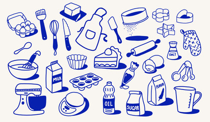 Collection of minimalist hand-drawn bakery and pastry tools.
