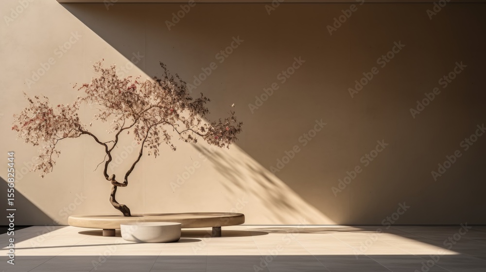 Poster modern minimalist beige building with plant shadows creating a stylish background layout