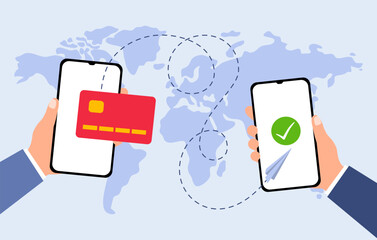 Transfer money by online internet banking all around the world flat vector illustration. Hands holding phones and sending and getting money by credit card on world map background