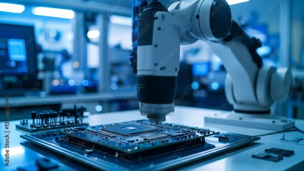 Poster robotic arm performing precise assembly on a circuit board in a blue lit laboratory