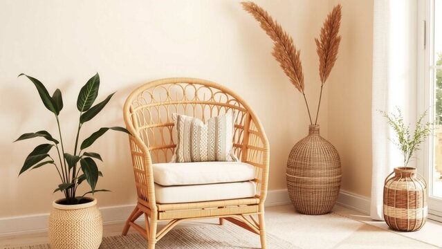 Beige wall mockup in boho interior with rattan armchair, pillow, vase, and indoor plant. Natural light and soft shadows create warm, clean, and minimalist space for design template.