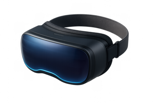 Modern vr headset with blue glowing light on transparent background, showcasing cutting-edge technology for immersive experiences
