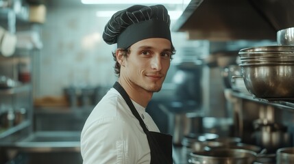 A young European man in chef attire smiles confidently in a bustling kitchen, showcasing professionalism and passion for the culinary arts.