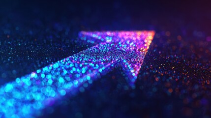 A vibrant, glowing arrow composed of blue and purple light particles points upward against a dark background.
