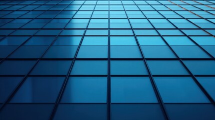 A modern glass skyscraper reflecting the blue sky with a grid pattern of windows creating a sleek architectural design.