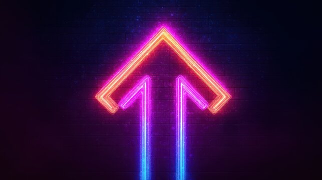 A glowing neon arrow pointing upward on a dark brick wall, emitting vibrant pink, red, and blue light.