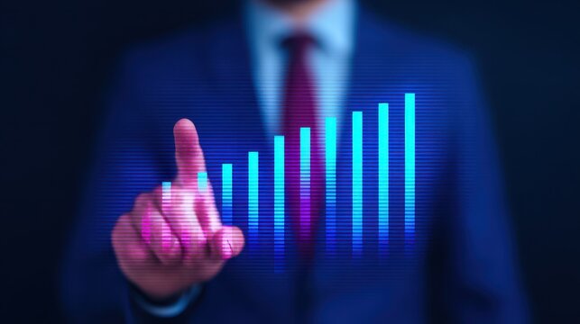 A businessman in a suit interacts with a transparent virtual bar chart showing growth, symbolizing success and data analysis.