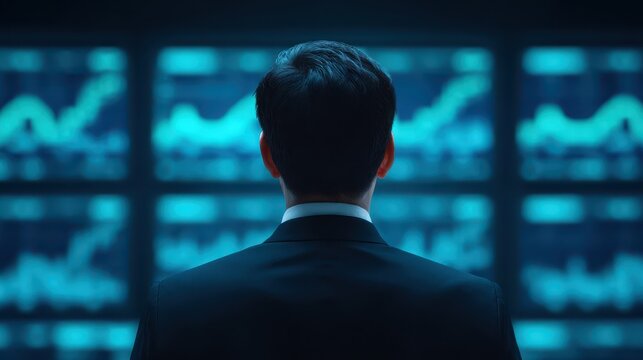 A businessman observes multiple digital screens displaying fluctuating financial graphs and data in a dark, high-tech setting.
