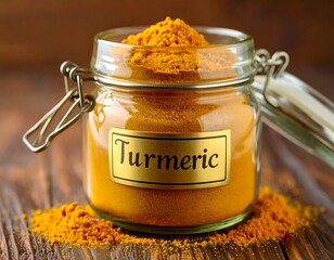 Jar of turmeric spice on wooden table