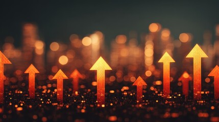 Glowing orange arrows pointing upwards against a dark, blurred cityscape symbolizing growth and progress.