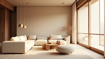 Japandi living room interior with plaster wall, wooden furniture, neutral sofa, pendant lights, and large windows. Sunny, modern, and minimalist Scandinavian-Japanese design in soft tones.