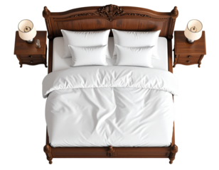  3D Rendered Luxury Wooden Bed with Carved Details and Bedding Top View isolated on transparent background PNG