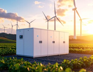 battery energy storage systems at a wind farm at sunset realistic