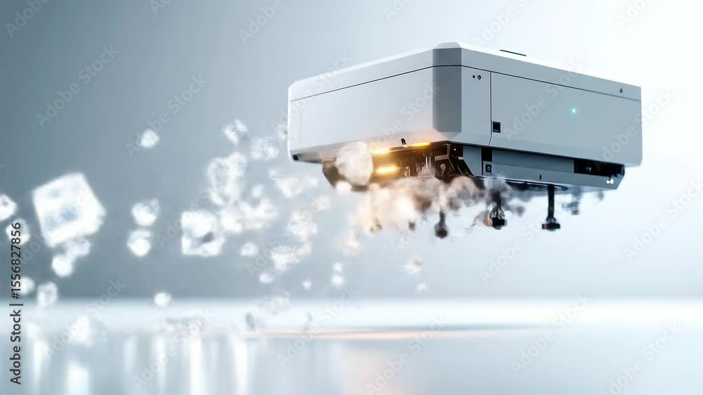 Aufkleber white rectangular device with blue light and debris floating on a gray background