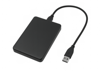 External black hard drive connected via usb cable, resting on transparent surface with data storage capabilities
