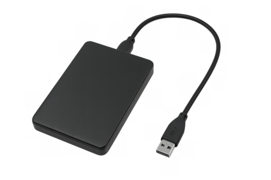 External black hard drive connected via usb cable, resting on transparent surface with data storage capabilities - Powered by Adobe