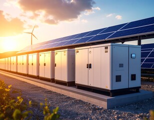 solar panels on the battery energy storage systems at a solar farm at sunset realistic