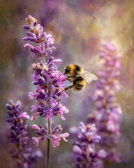 Bee resting on lavender with a dreamy oil painting style