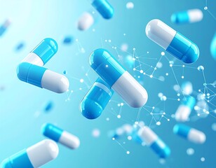 Floating pills in a scientific background