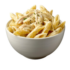 Creamy pasta dish featuring penne noodles, chicken, and herbs in white bowl, perfect for comforting meal