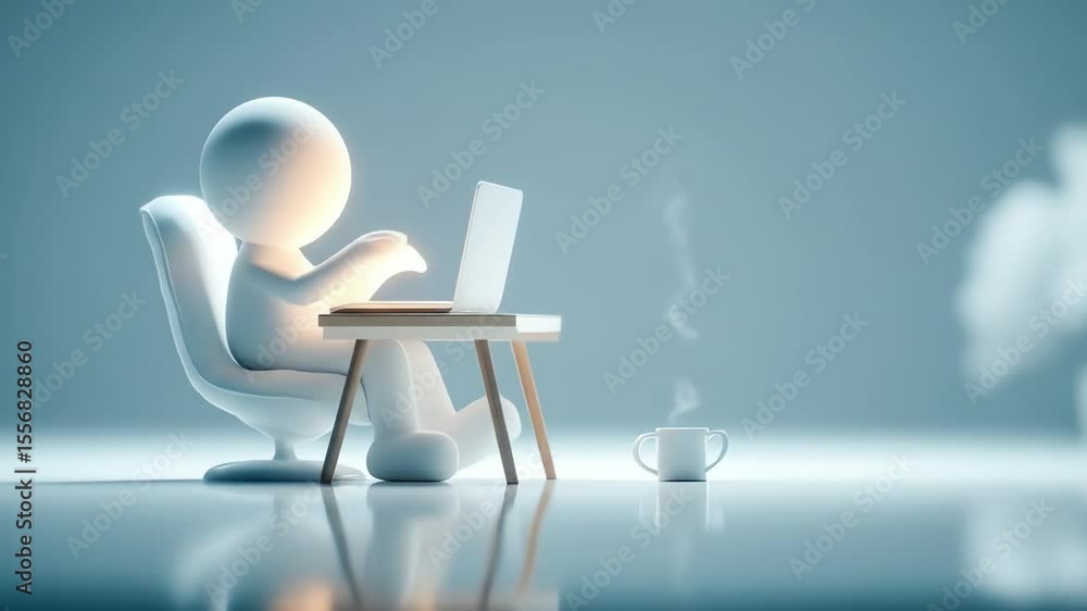 Poster an illuminated stick figure works on a laptop in a minimalistic reflective setting near a steaming m
