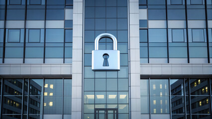 A large padlock icon is displayed on the glass facade of a modern office building, symbolizing security and protection.