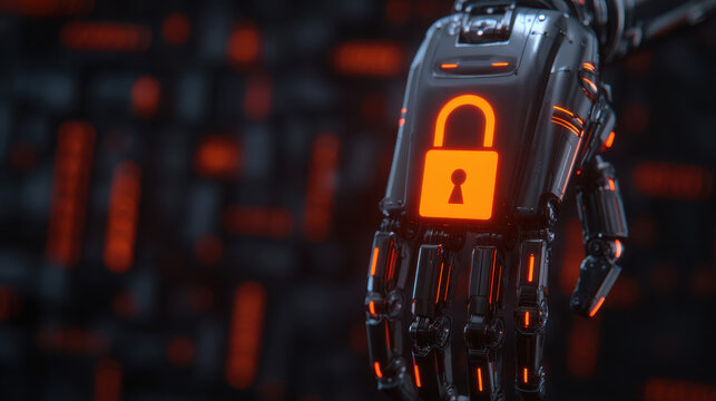 Operational technology security defense. A robotic hand with a glowing orange padlock symbol on its palm signifies cybersecurity and digital protection in a futuristic, technology-driven environment.