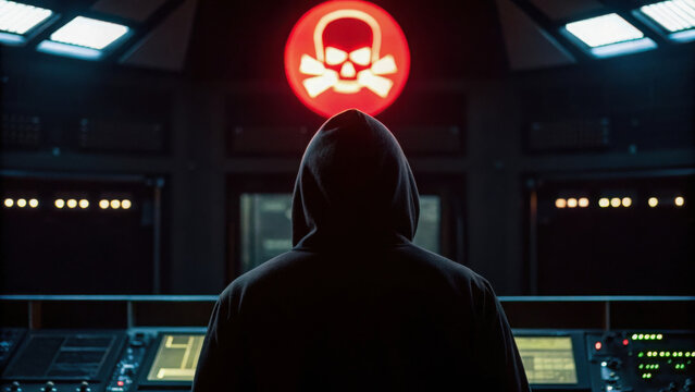 A hooded figure faces a control panel in a dark room, illuminated by a red skull and crossbones symbol on a screen above.