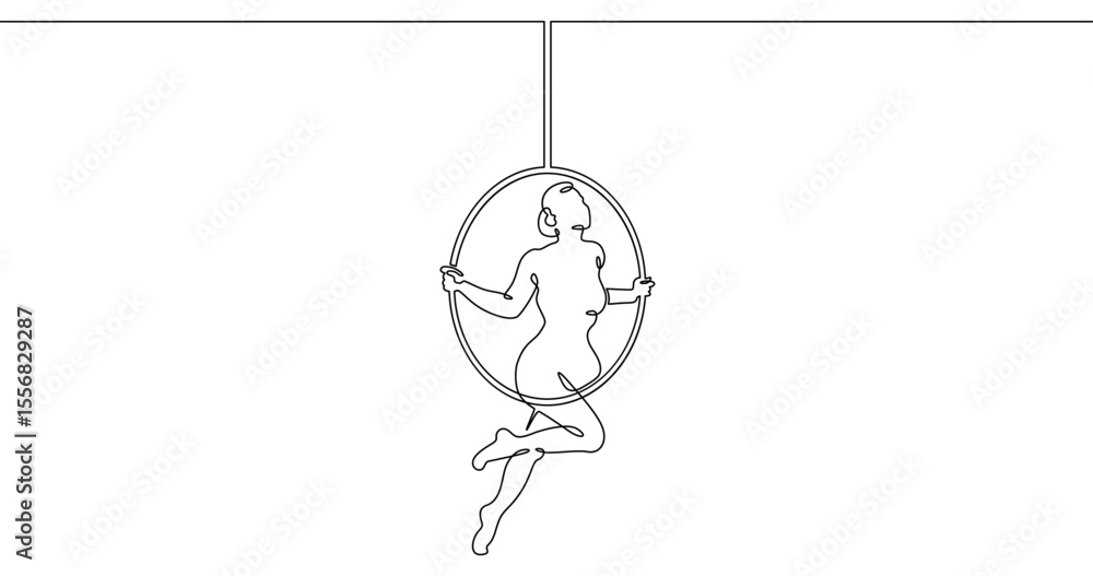 Poster continuous one line drawing circus artist with a hoop. beautiful equilibrist under the circus dome. 