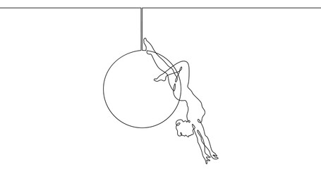 Continuous one line drawing Circus artist with a hoop. Beautiful equilibrist under the circus dome. Circus performance. One continuous line isolated minimal illustration.Not AI.
