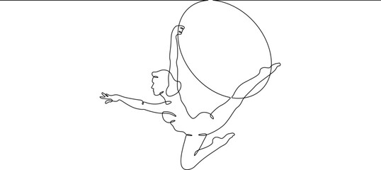 Continuous one line drawing Circus artist with a hoop. Beautiful equilibrist under the circus dome. Circus performance. One continuous line isolated minimal illustration.Not AI.