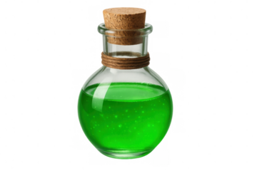 Round glass vial holding a glowing green liquid, featuring a cork stopper, set against a transparent background, evoking a sense of magic