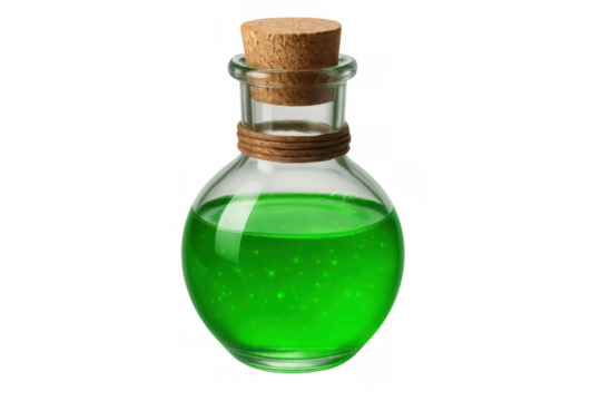 Round glass vial holding a glowing green liquid, featuring a cork stopper, set against a transparent background, evoking a sense of magic