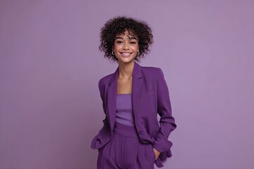 A confident young woman in a tailored purple suit standing against a soft violet backdrop Her smile radiates positivity and