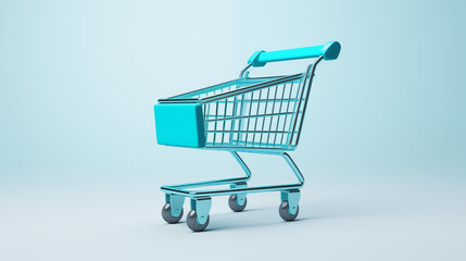 Modern cart form angled slightly as if abandoned. One front wheel is lifted or missing. No contents. No environment. Solid Turquoise vector over a white background. Suggests consumer fatigue