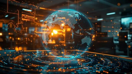 Global Data Network: An illuminated holographic globe pulsates with intricate data streams, symbolizing the interconnectedness of modern technology and global networks within a high-tech environment. - Powered by Adobe