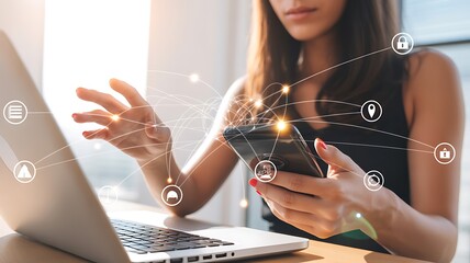 Woman using phone and laptop with digital network hands