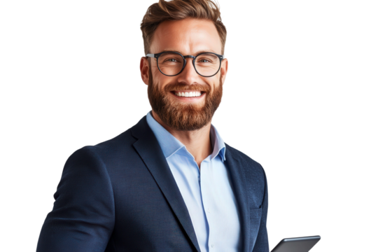 Professional man in a suit smiling confidently while holding a tablet device, isolated on a white background, showcasing modern business attire and a positive attitude