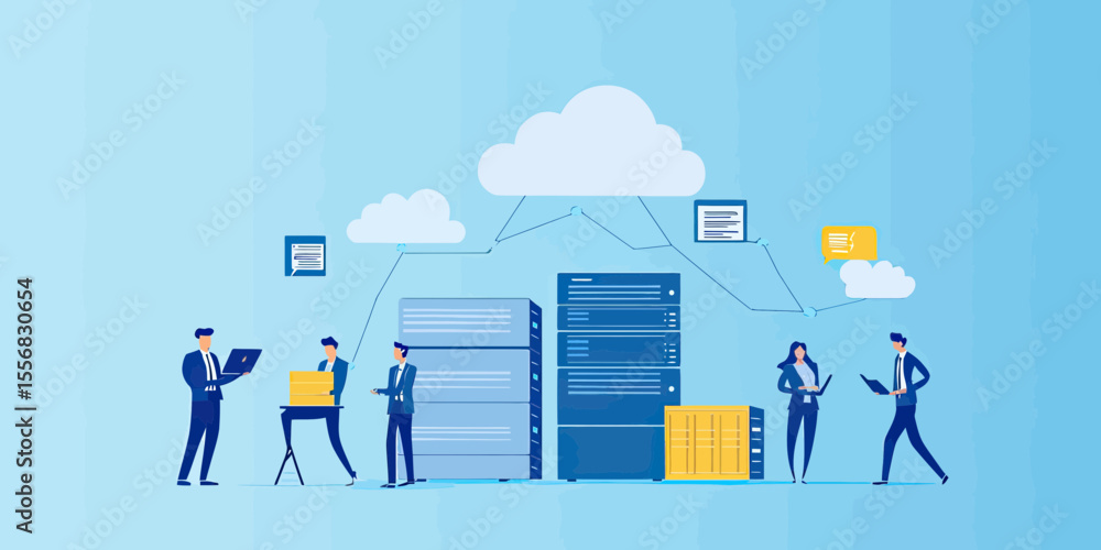 Poster business team managing large data servers connected to cloud computing data storage system in modern