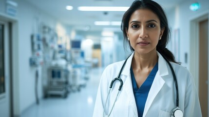 A professional South Asian female doctor stands confidently in a hospital corridor. She wears a white lab coat and stethoscope, symbolizing dedication to healthcare.